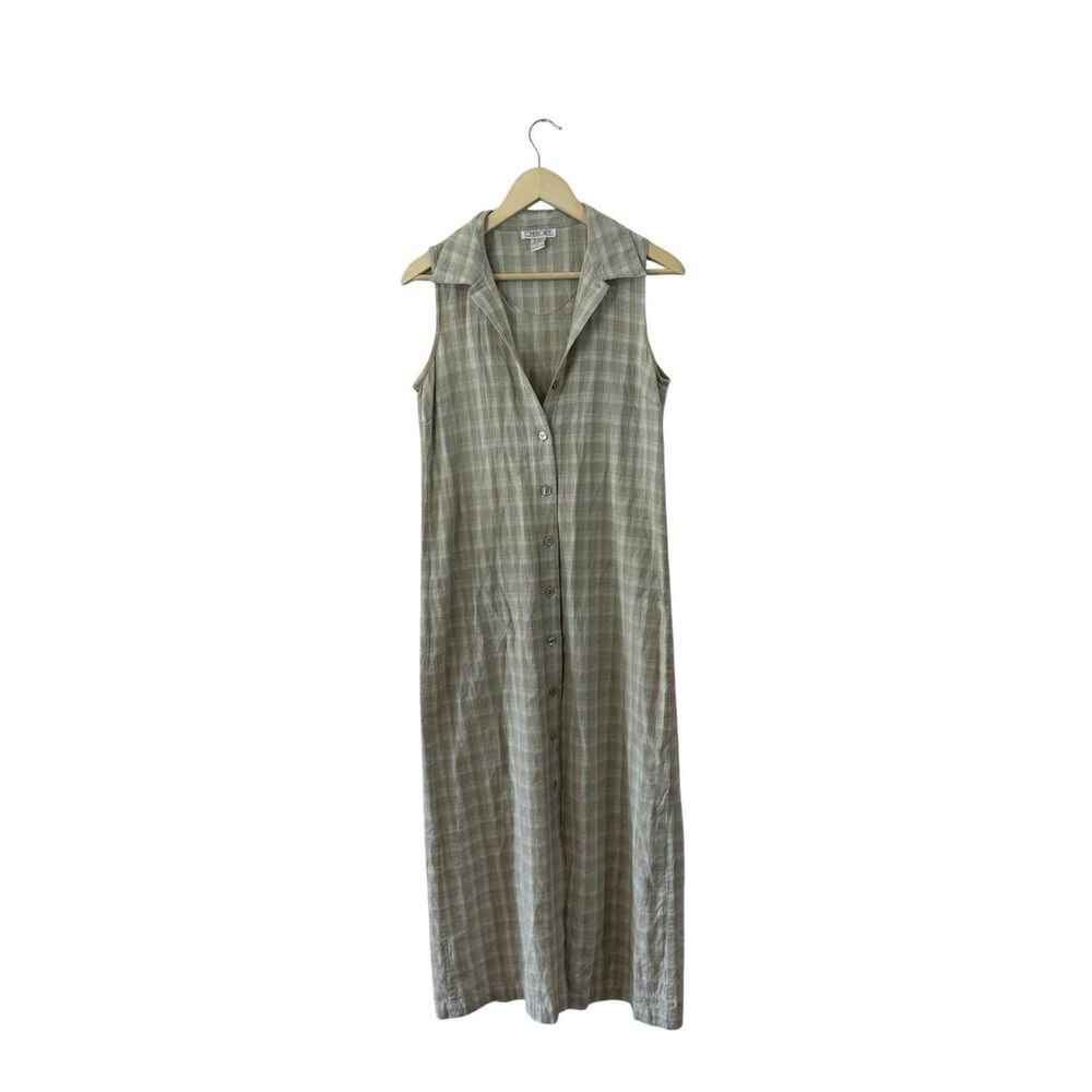 Vintage Cherokee Medium Cotton Linen Maxi Dress Plaid Button Up Womens READ